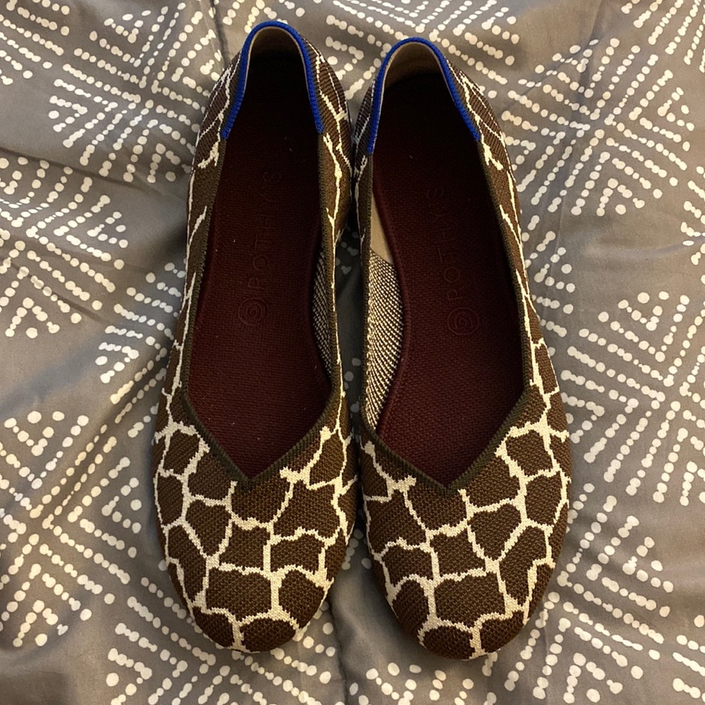 Rothy's Brown and White Giraffe-Pattern Slip-On Flats with Blue Trim